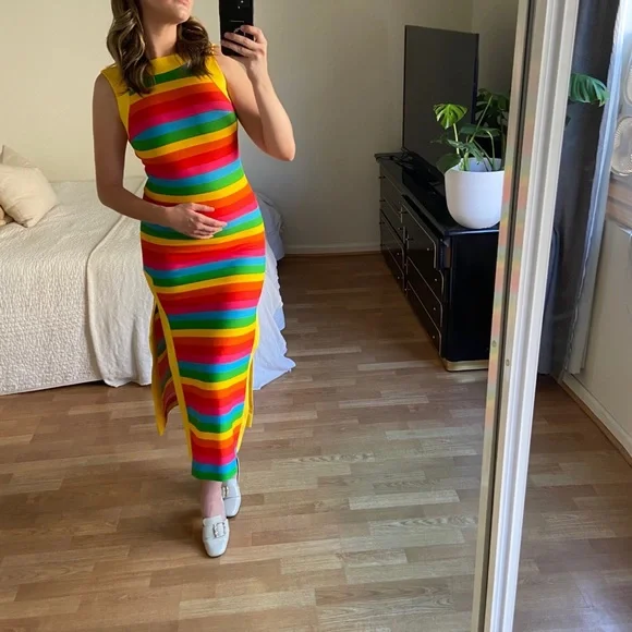 Vintage Rainbow Striped Maxi Dress - Picture 1 of 9